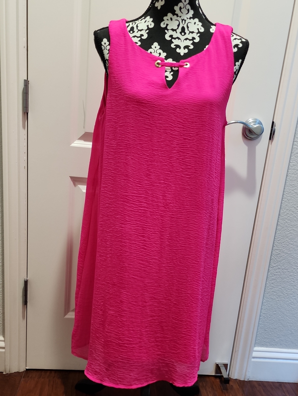 Tacera Vibrant Pink Sleeveless Shift Tunic with Gold Ring Accent